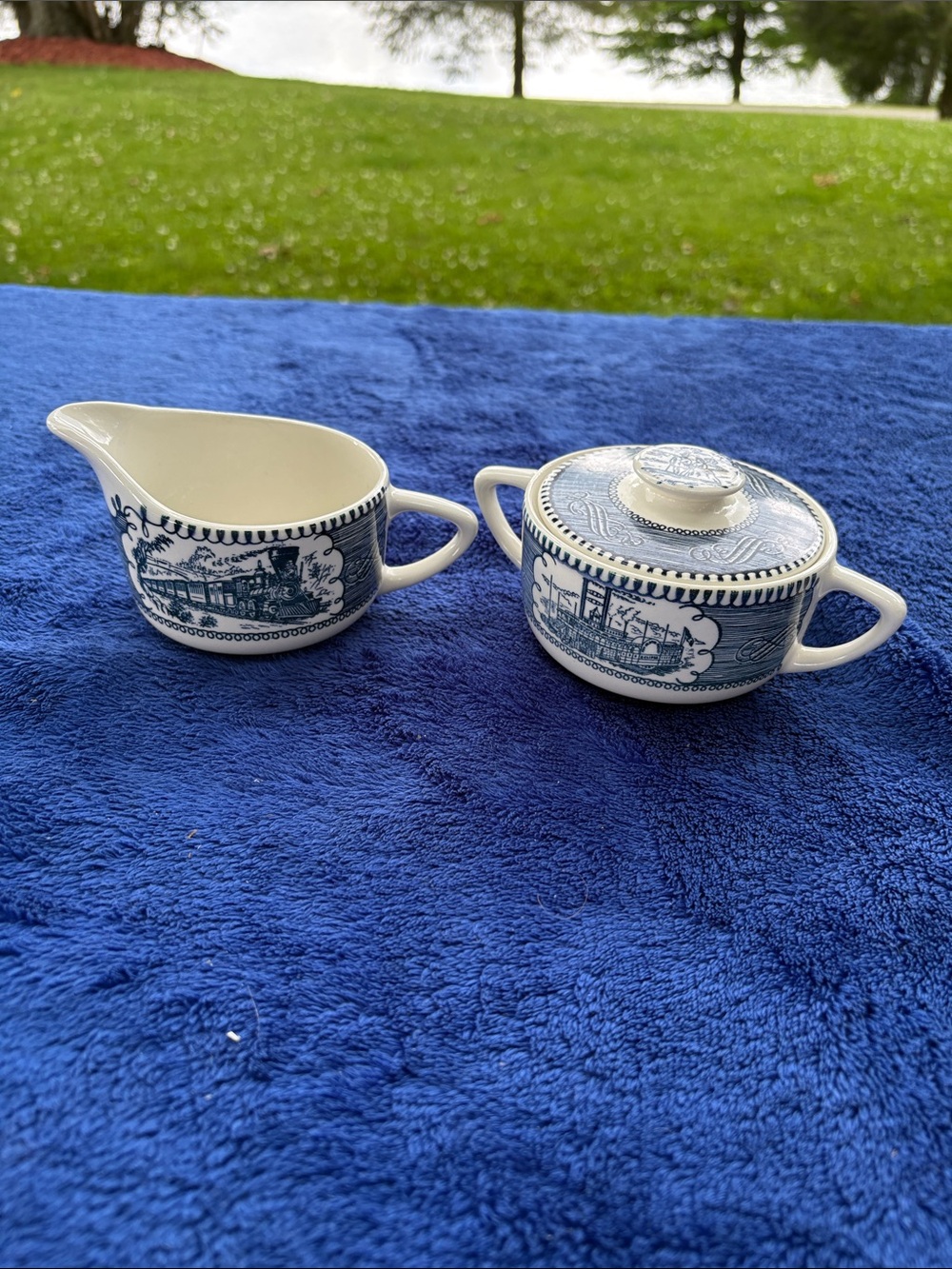 Currier and Ives Royal China Blue Cream Handled Lidded Sugar Bowl & Creamer Set